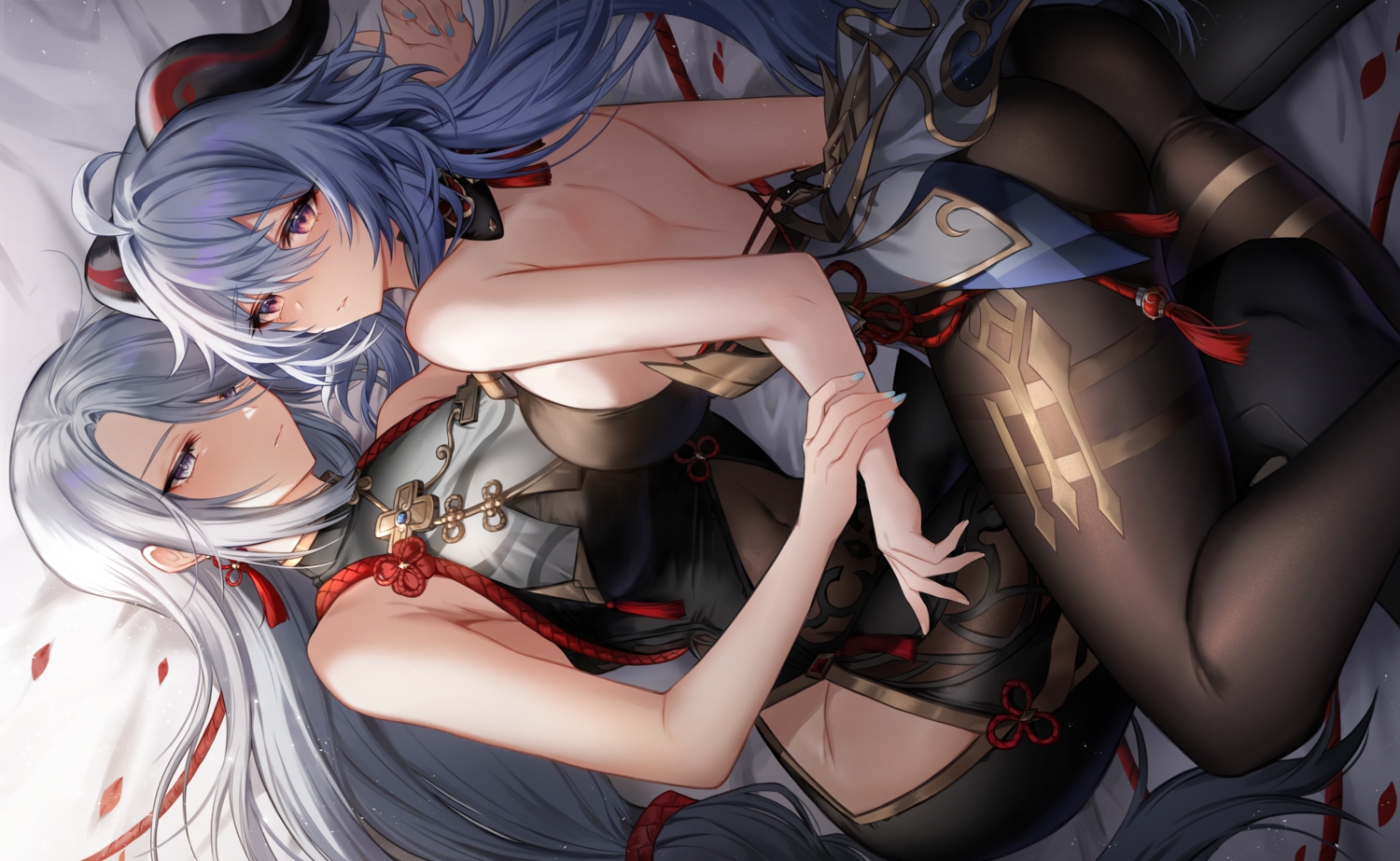2girls, ass, bed, blue_hair, bodysuit, brown_eyes, ganyu_(genshin_impact), genshin_impact, gray_hair, gz_(gyoju), horns, long_hair, ponytail, shenhe_(genshin_impact), shoujo_ai