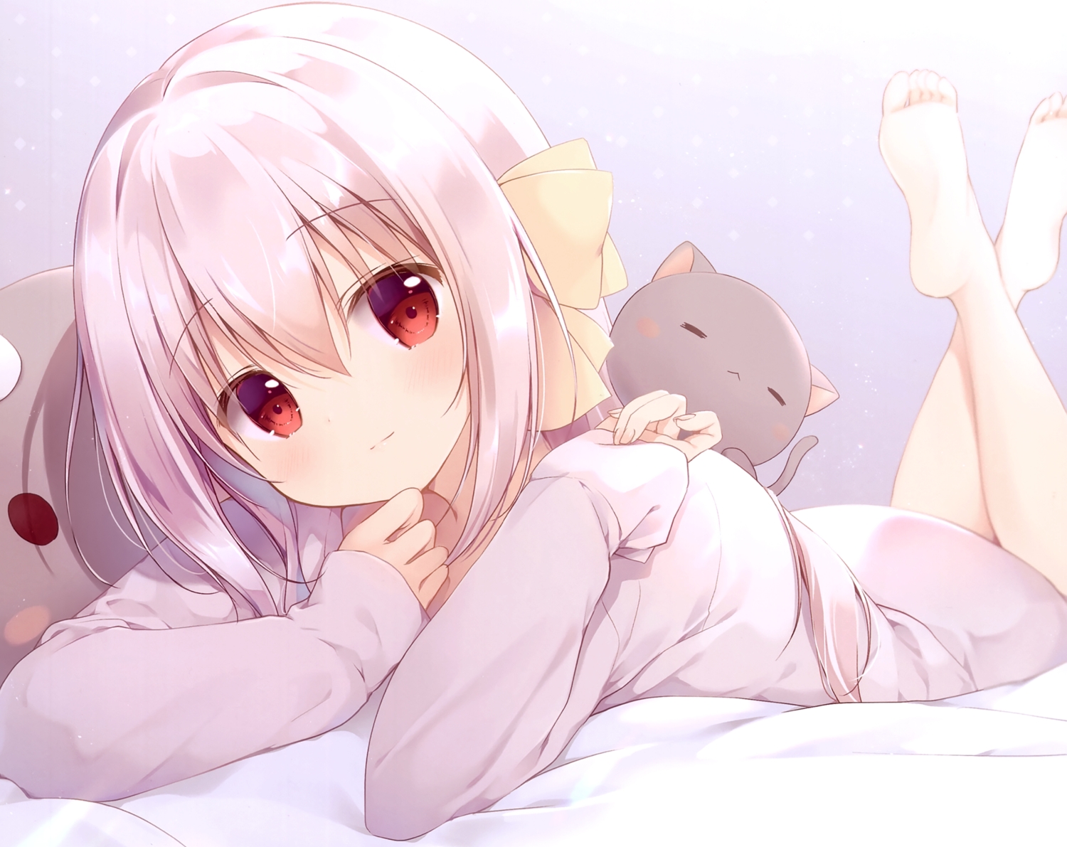 barefoot, bed, cropped, inae_koron, koi_ni_kanmi_o_soete, long_hair, miyasaka_miyu, red_eyes, scan, white_hair
