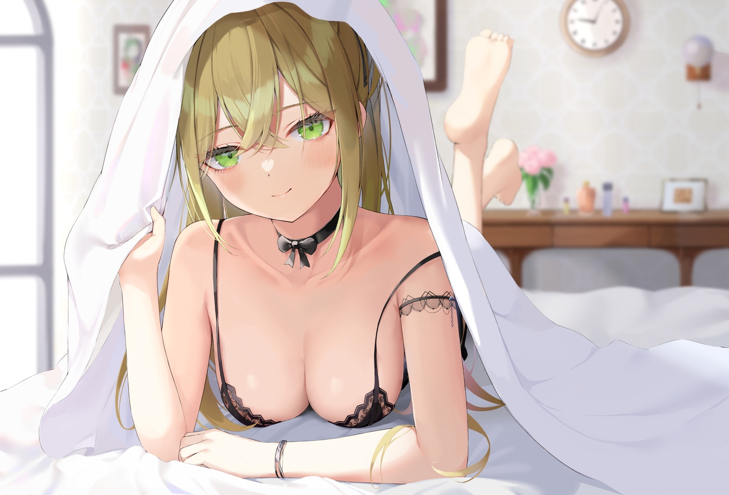 akie_(44265104), barefoot, bed, blonde_hair, bra, breasts, choker, cleavage, green_eyes, long_hair, original, underwear