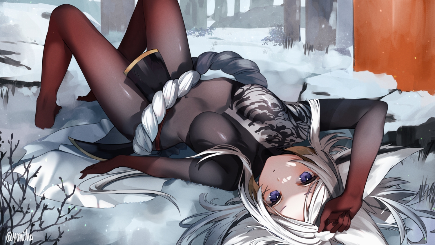animal_ears, dyarikku_(vtuber), long_hair, pantyhose, purple_eyes, signed, vyugen, white_hair