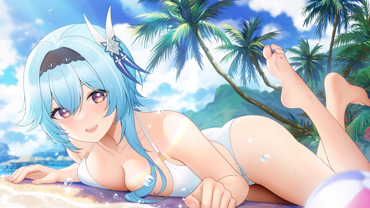 barefoot, beach, blue_hair, blush, breasts, brown_eyes, clouds, eula_lawrence