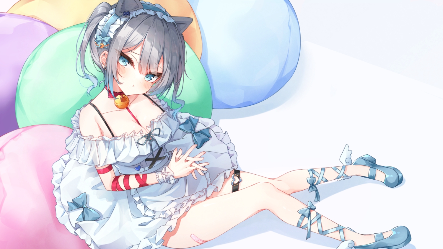 amemiya_miyabi, animal_ears, bandaid, beliatan, bell, blue_eyes, bow, breasts
