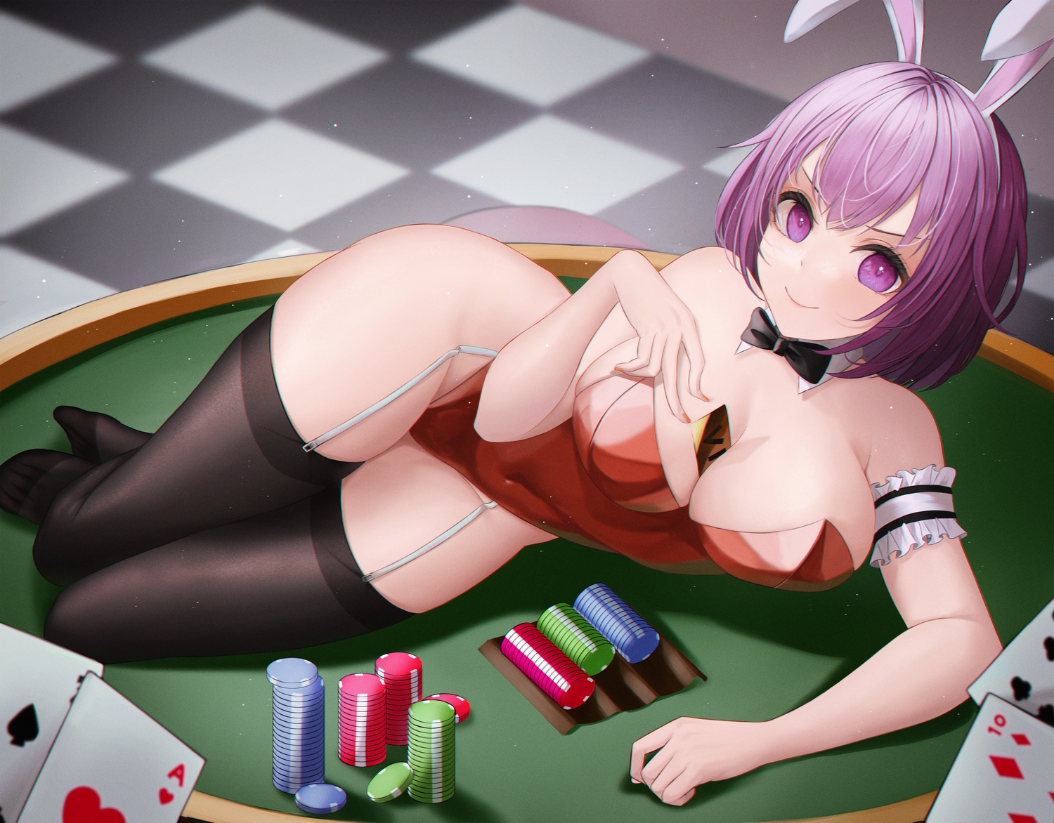 animal_ears, breasts, bunny_ears, bunnygirl, cleavage, garter_belt, headband, leotard, ootori_emu, project_sekai, purple_eyes, purple_hair, short_hair, stockings, tagme_(artist)