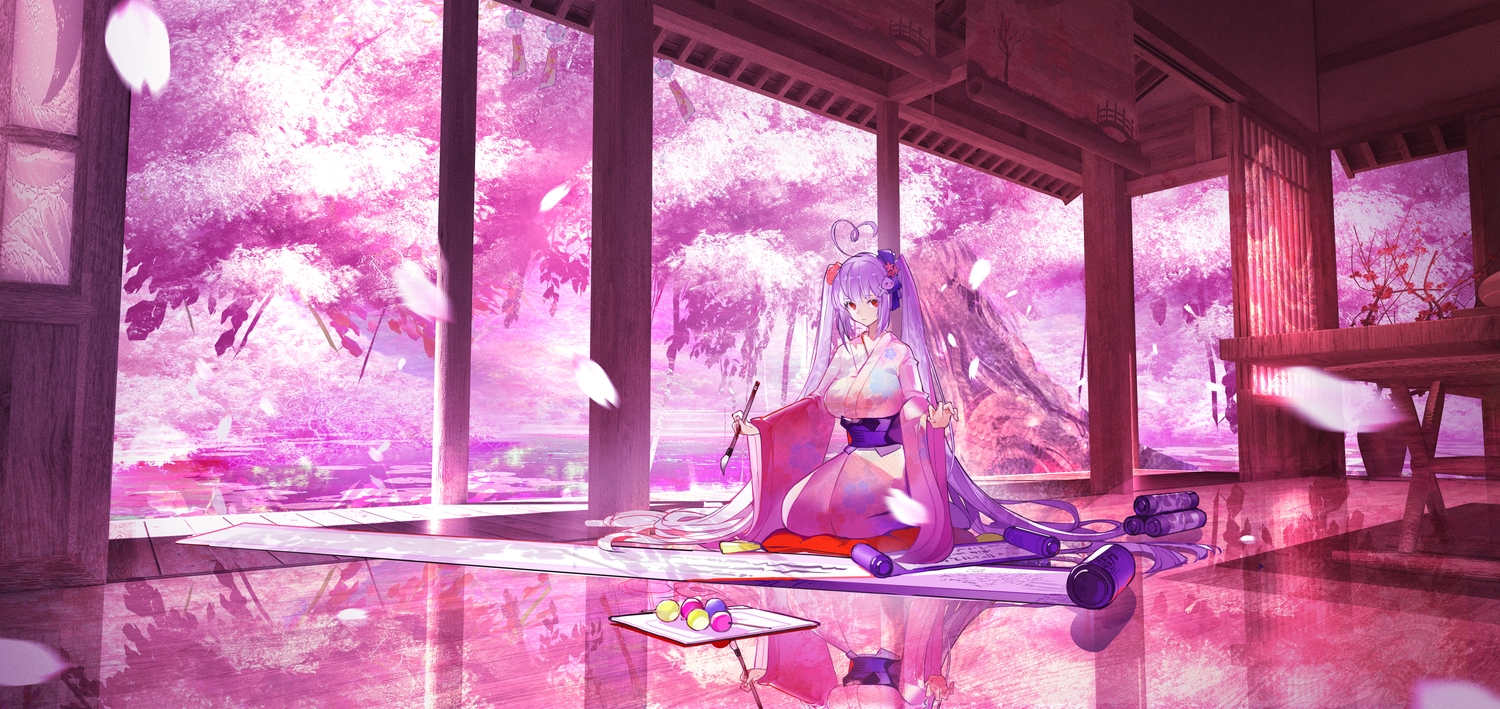 cherry_blossoms, flowers, food, japanese_clothes, kimono, long_hair, niliu_chahui, original, paper, petals, purple, purple_hair, red_eyes, reflection, scenic, tokisaki_mio, tree, twintails