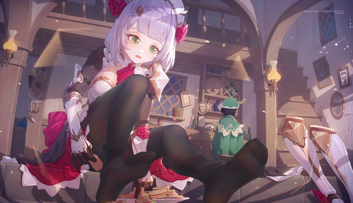 armor, boots, dress, food, genshin_impact, gray_hair, green_eyes, icecake