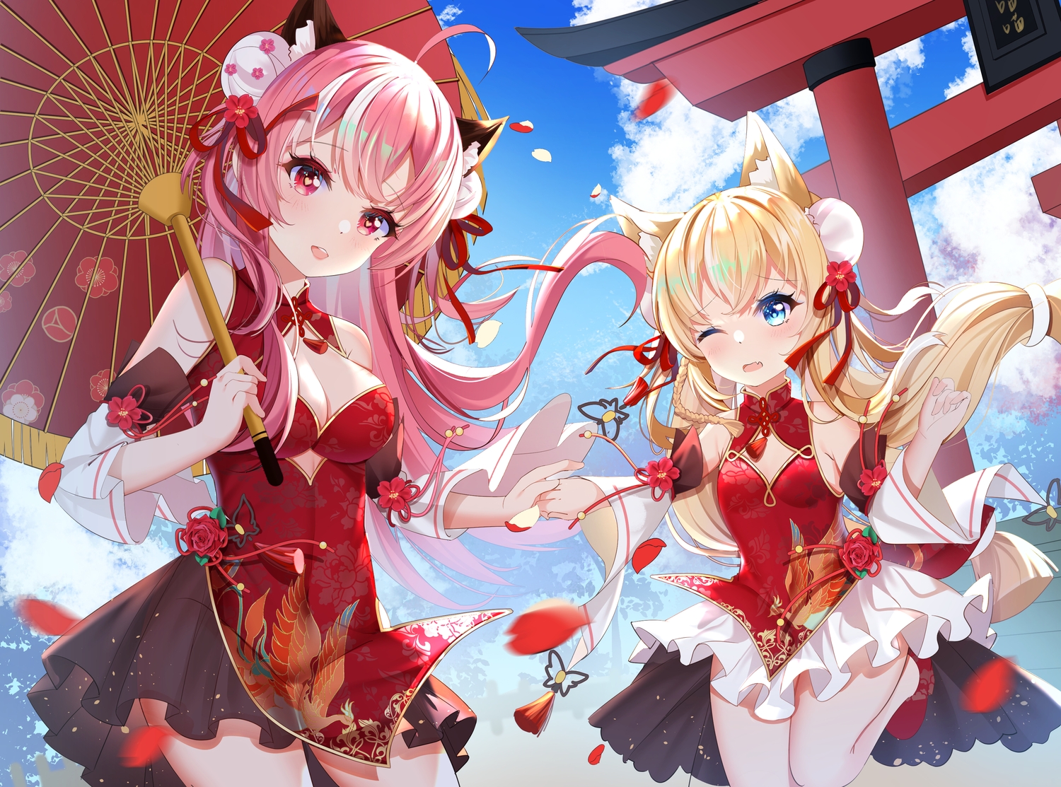 2girls, animal_ears, blonde_hair, blush, breasts, catgirl, chinese_clothes, cleavage