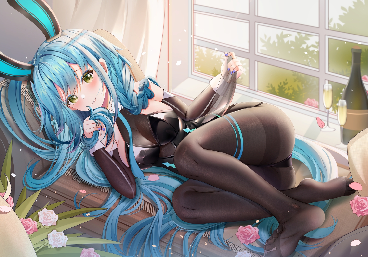 aliasing, animal_ears, anthropomorphism, aqua_hair, azur_lane, blush, boise_(azur_lane), braids, bunny_ears, bunnygirl, drink, flowers, green_eyes, leotard, long_hair, miaoguujuun_qvq, pantyhose