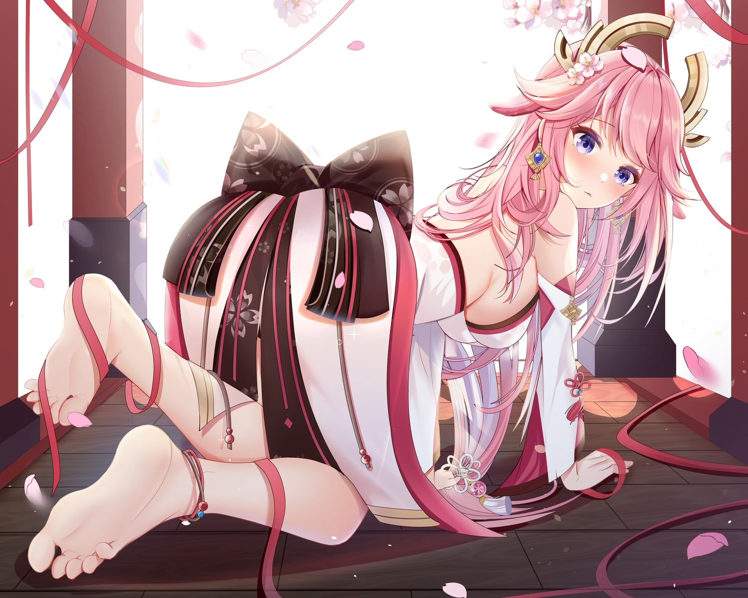 animal_ears, barefoot, cherry_blossoms, flowers, foxgirl, genshin_impact, long_hair, miaoguujuun_qvq
