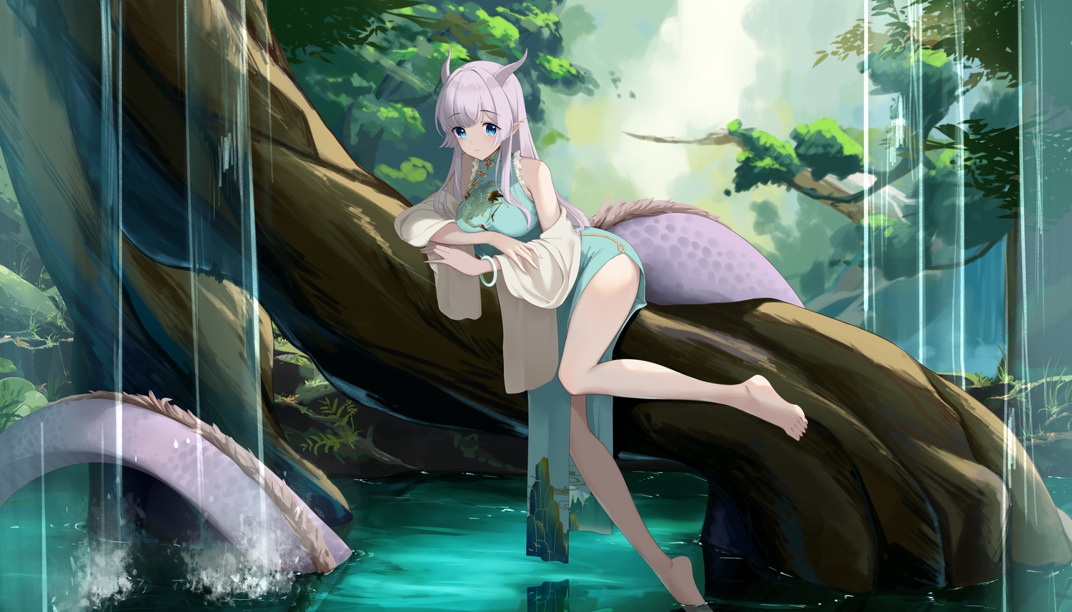 aqua_eyes, barefoot, breast_hold, chinese_clothes, chinese_dress, daidai_gege, dress, forest, gray_hair, horns, long_hair, original, pointed_ears, tail, tree, water
