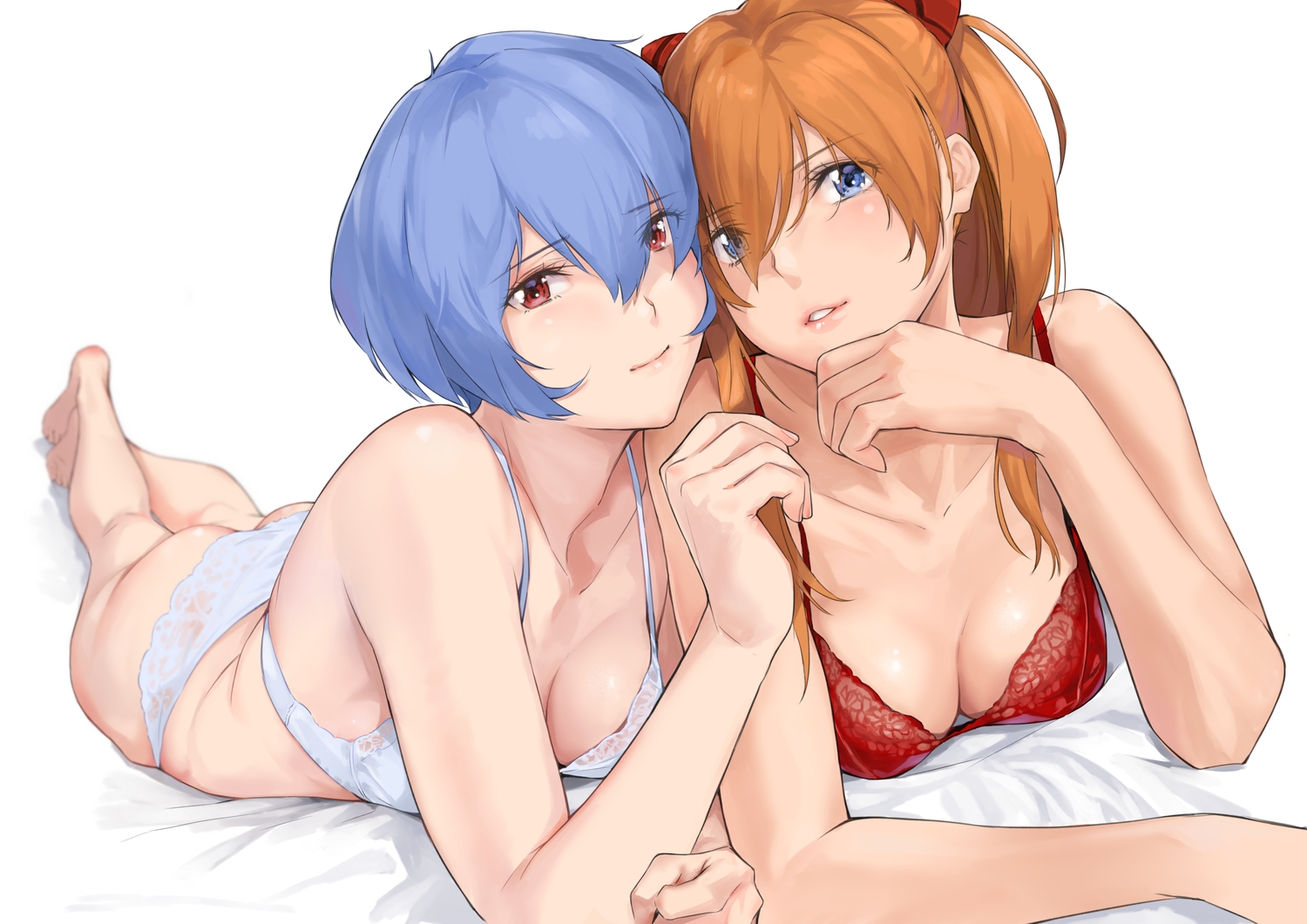2girls, ass, ayanami_rei, barefoot, bed, blue_eyes, blue_hair, bra