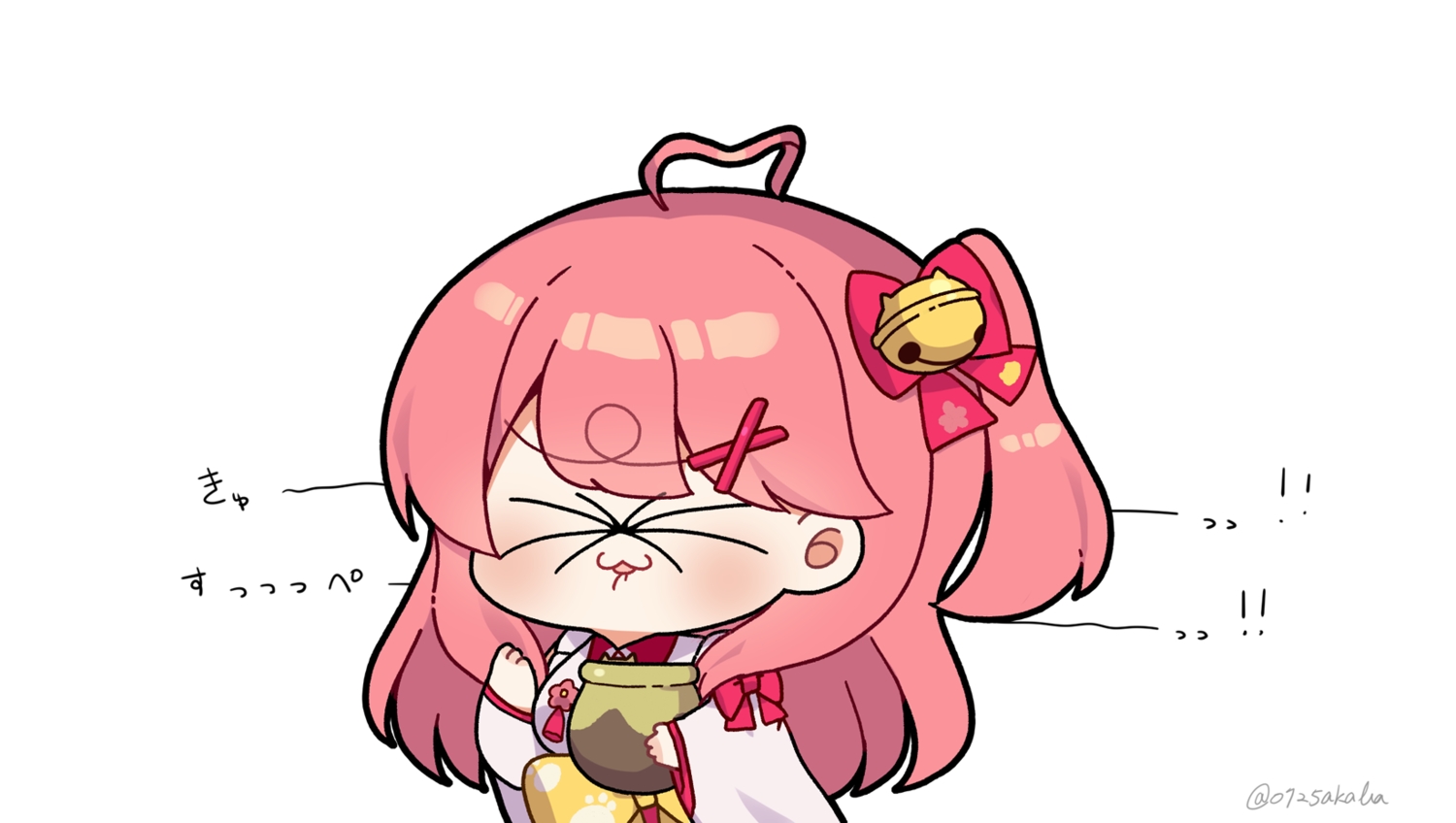 0725akaba, bell, bow, cat_smile, chibi, food, hololive, japanese_clothes