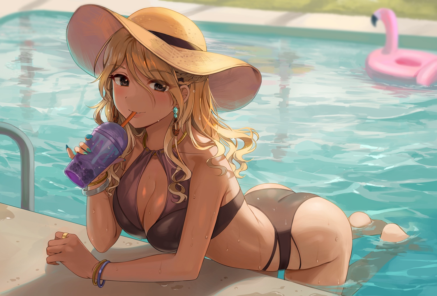 ass, barefoot, bikini, blonde_hair, braids, breasts, brown_eyes, cleavage, drink, gijang, hat, idolmaster, idolmaster_shiny_colors, izumi_mei, long_hair, pool, swim_ring, swimsuit, wristwear