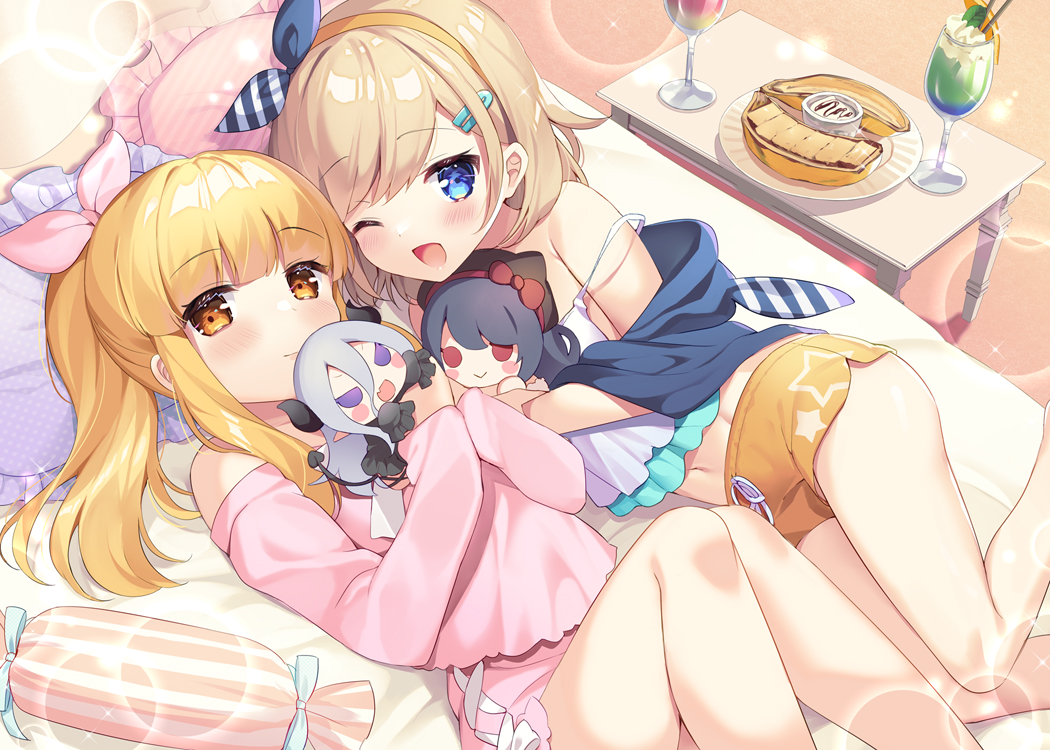 2girls, bed, blonde_hair, brown_eyes, brown_hair, doll, drink, long_hair
