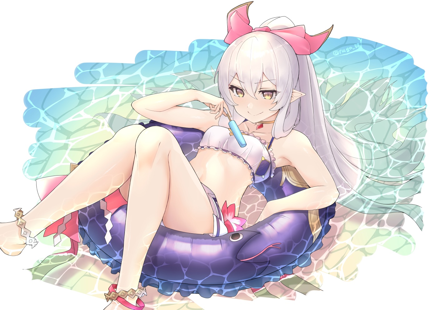 aliasing, barefoot, bikini, choker, fang, granblue_fantasy, gray_hair, long_hair