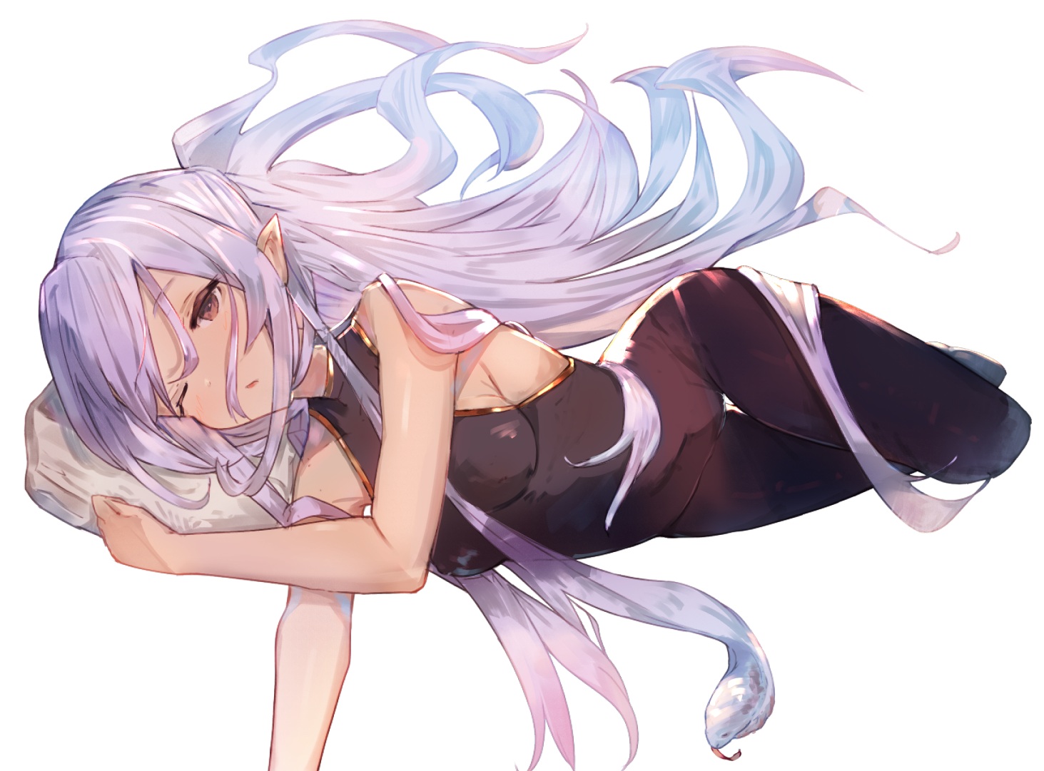 bodysuit, brown_eyes, long_hair, medusa_(shingeki_no_bahamut), pointed_ears, purple_hair, shingeki_no_bahamut, tota_(sizukurubiks)
