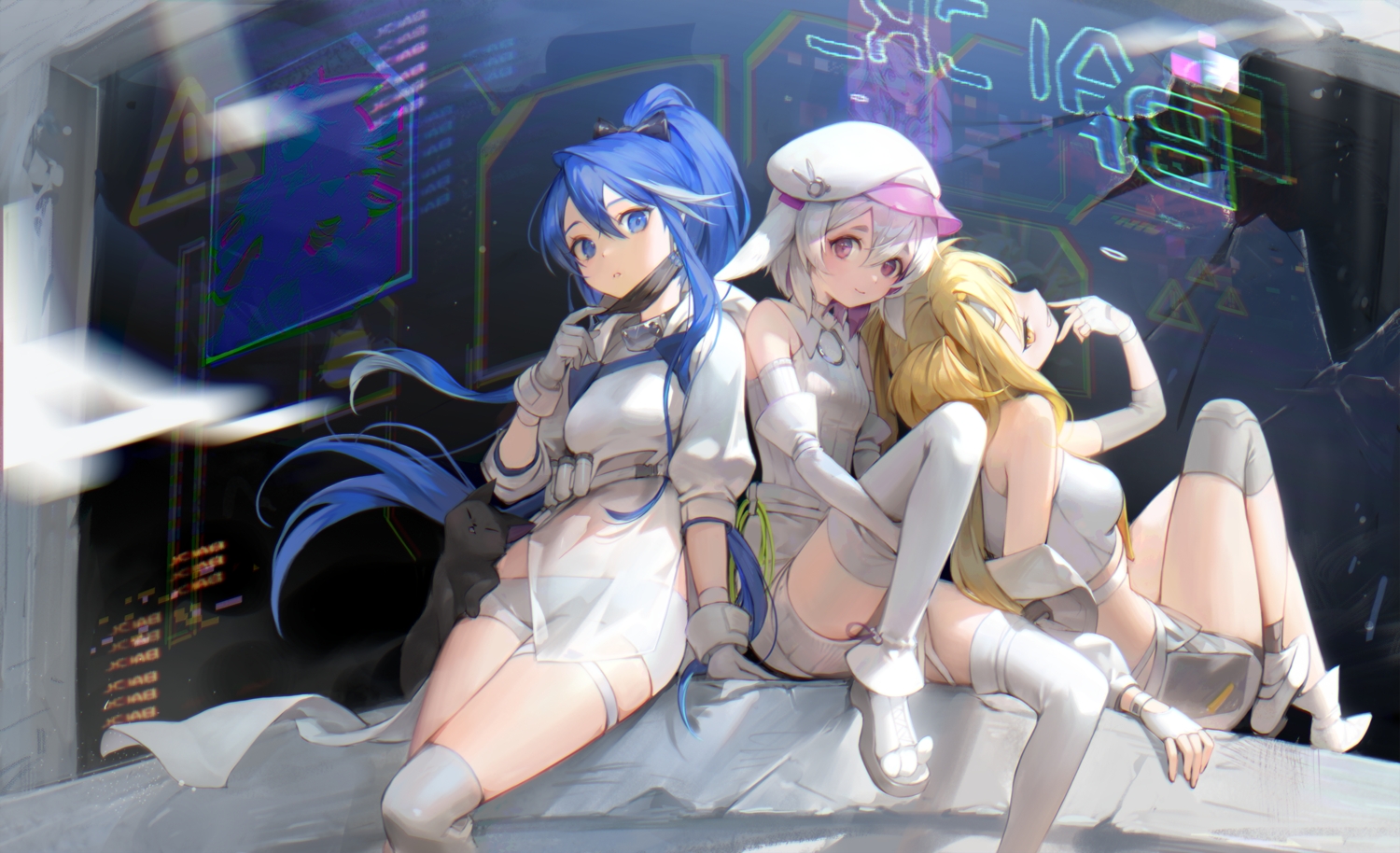 animal, animal_ears, blonde_hair, blue_eyes, blue_hair, boots, bow, bunny_ears, cat, dress, elbow_gloves, garter, gloves, hansum, hat, headband, long_hair, mask, navel, original, ponytail, purple_eyes, see_through, short_hair, shorts, skintight, thighhighs, twintails, white_hair, yellow_eyes, zettai_ryouiki