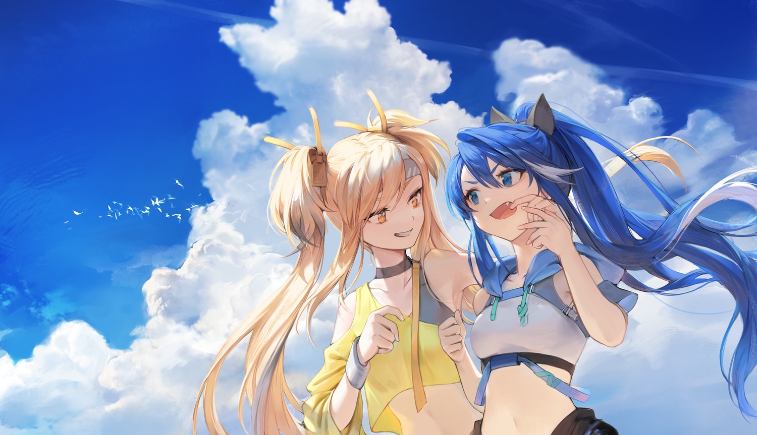2girls, animal, bird, blonde_hair, blue_eyes, blue_hair, choker, clouds, fang, hansum, headband, hood, long_hair, navel, orange_eyes, original, ponytail, sky, twintails, wristwear