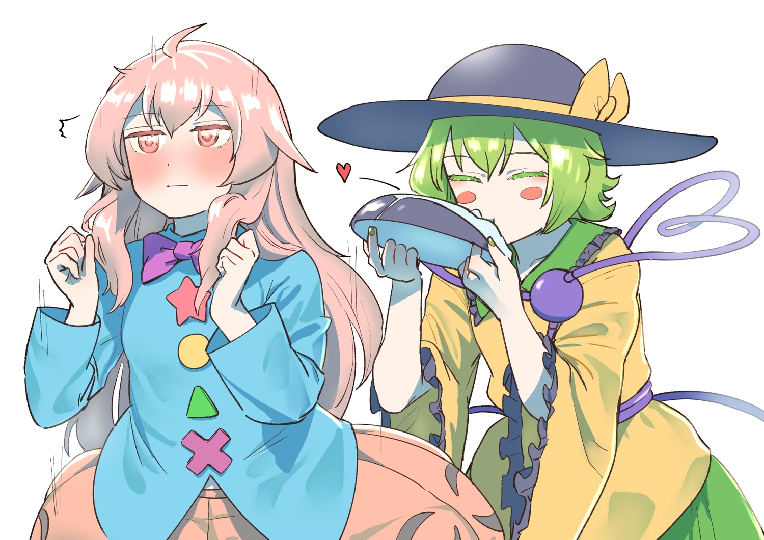 2girls, blush, bow, green_hair, hat, hata_no_kokoro, heart, kiss