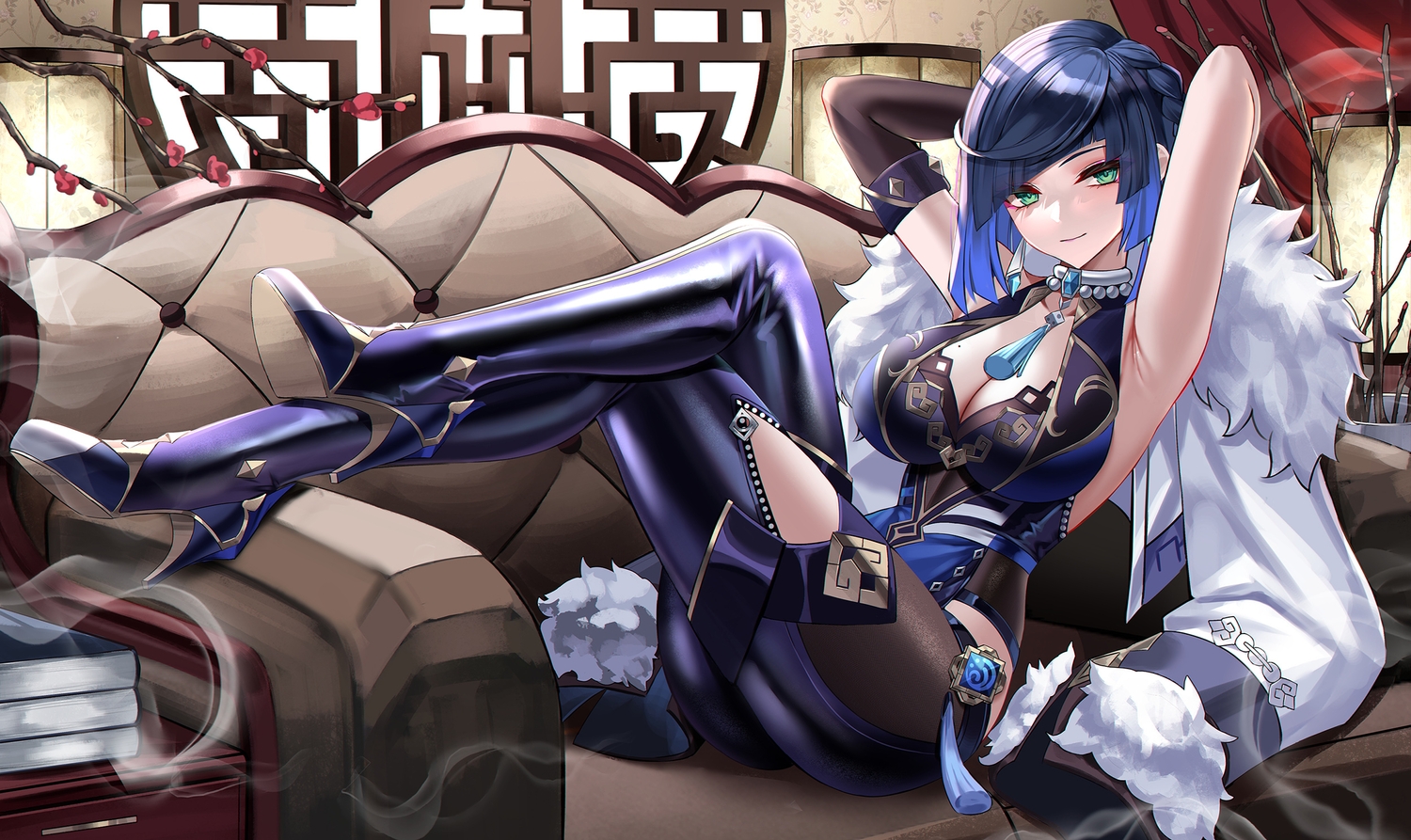 blue_hair, boots, breasts, choker, cleavage, eternity_(pixiv8012826), genshin_impact, green_eyes