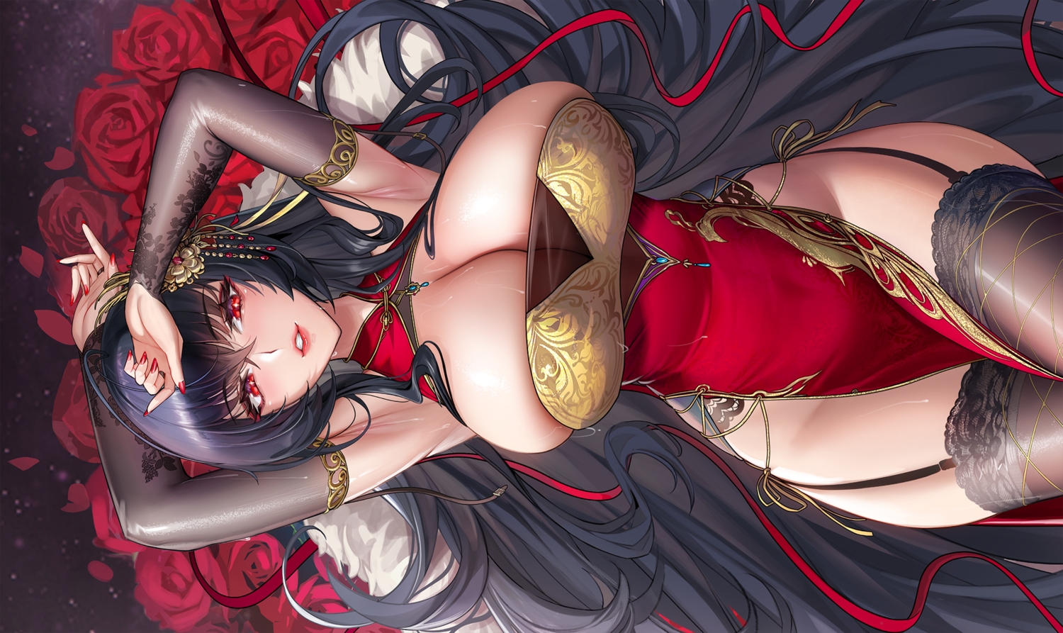 anthropomorphism, azur_lane, black_hair, breasts, chinese_clothes, chinese_dress, cleavage, dress, flowers, garter_belt, long_hair, no_bra, red_eyes, rose, skintight, stockings, taihou_(azur_lane), tsuki_no_i-min