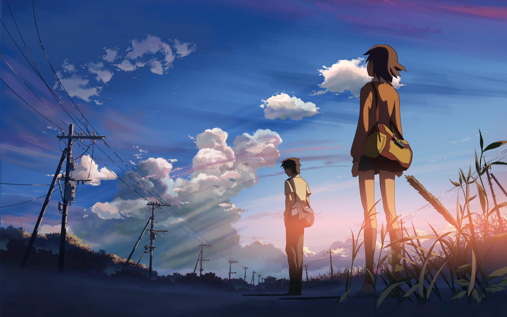 brown_hair, byousoku_5_centimetre, clouds, grass, scenic, school_uniform, shinkai_makoto, short_hair, skirt, sky, sumida_kanae, toono_takaki