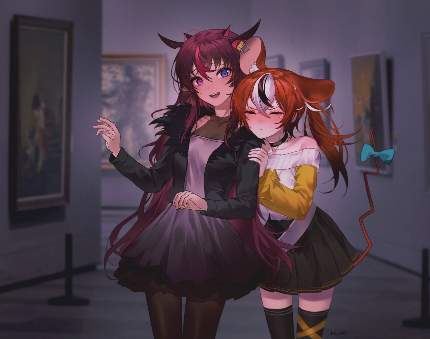 2girls, animal_ears, bicolored_eyes, blush, bow, hakos_baelz, hololive, horns, irys_(hololive), long_hair, mousegirl, pantyhose, skirt, syagamu, tail, thighhighs, twintails, zettai_ryouiki