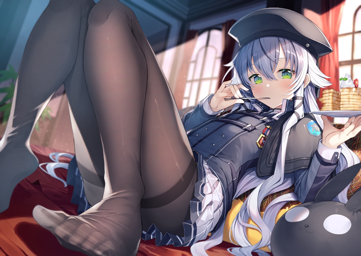altina_orion, flat_chest, food, fruit, gray_hair, green_eyes, gurasion_(gurasion), hat