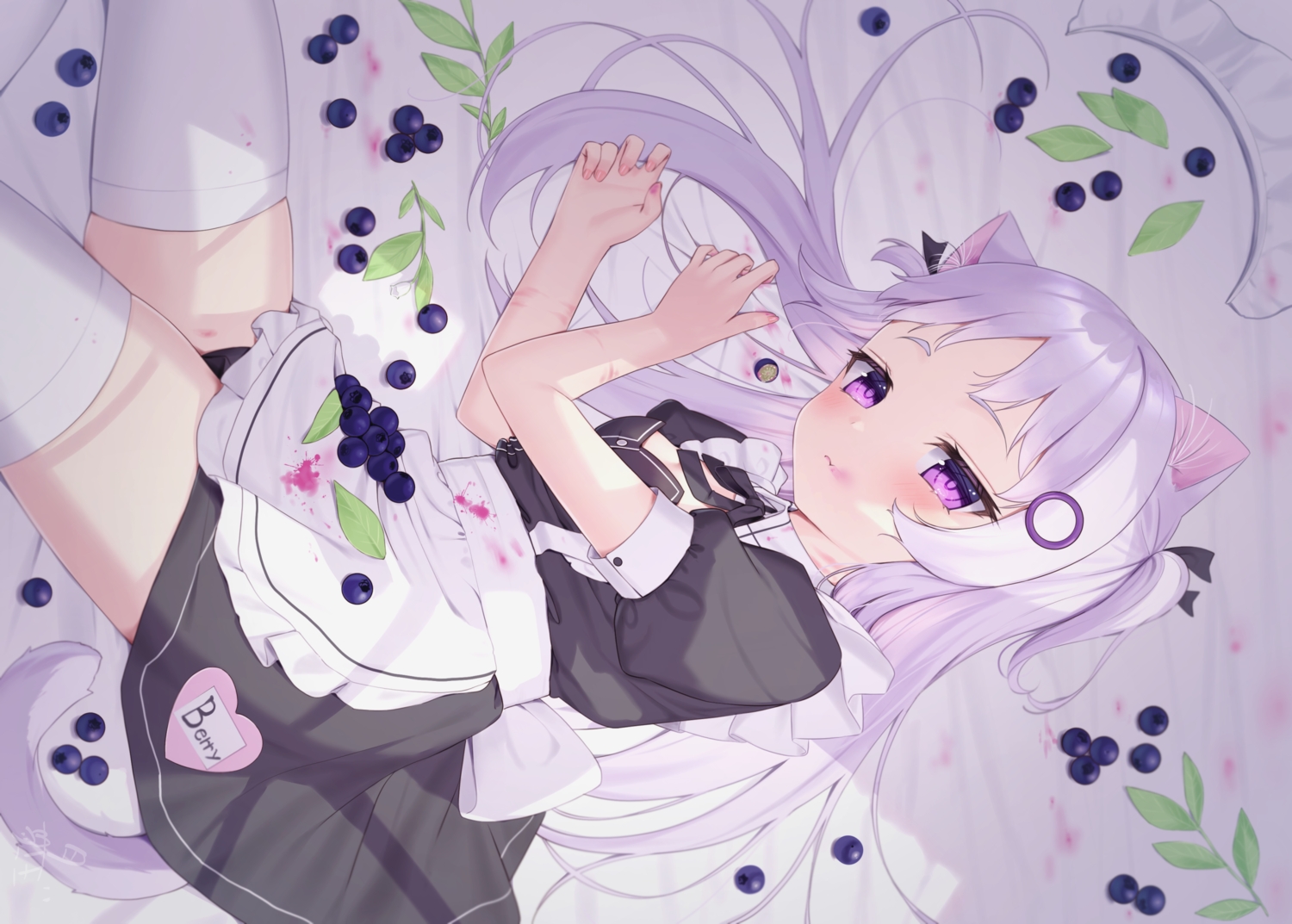 animal_ears, apron, blush, bow, catgirl, food, fruit, leaves