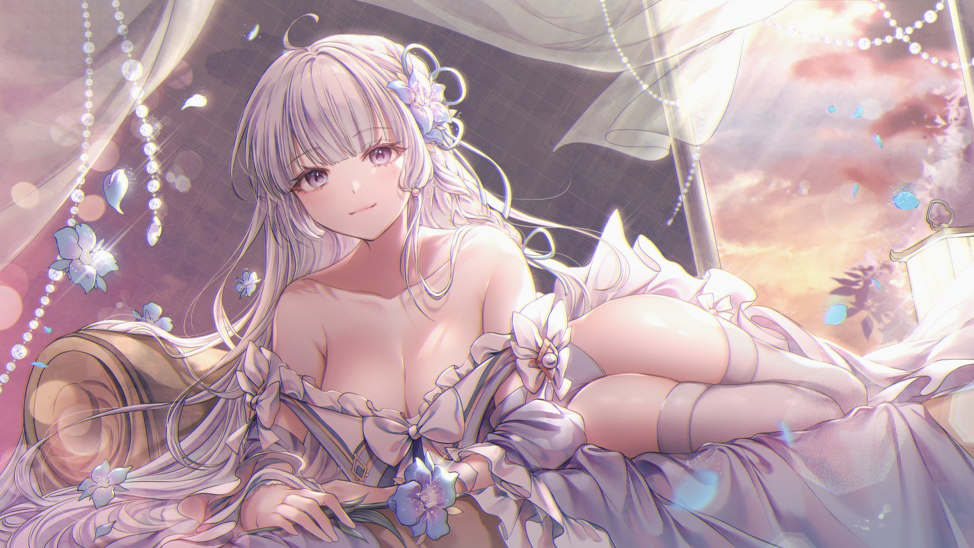 bow, breasts, cleavage, flowers, houchi_shoujo, long_hair, ozzingo, petals