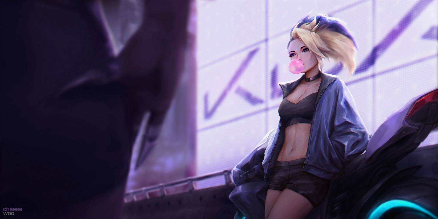 akali, bike_shorts, blonde_hair, breasts, cheesewoo, cleavage, league_of_legends, motorcycle, navel, ponytail, shorts, watermark