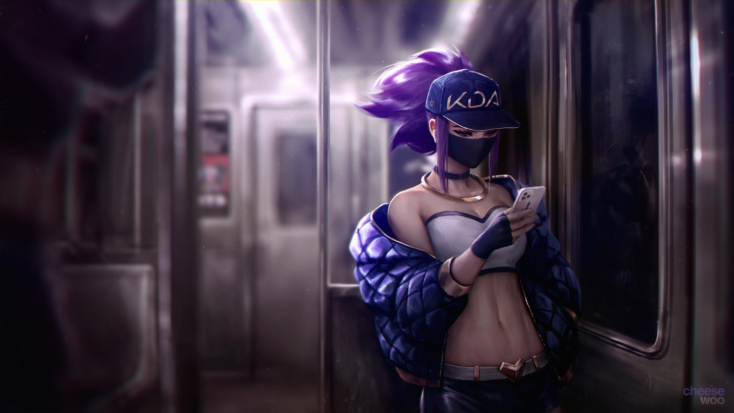 akali, cheesewoo, choker, gloves, hat, league_of_legends, mask, navel