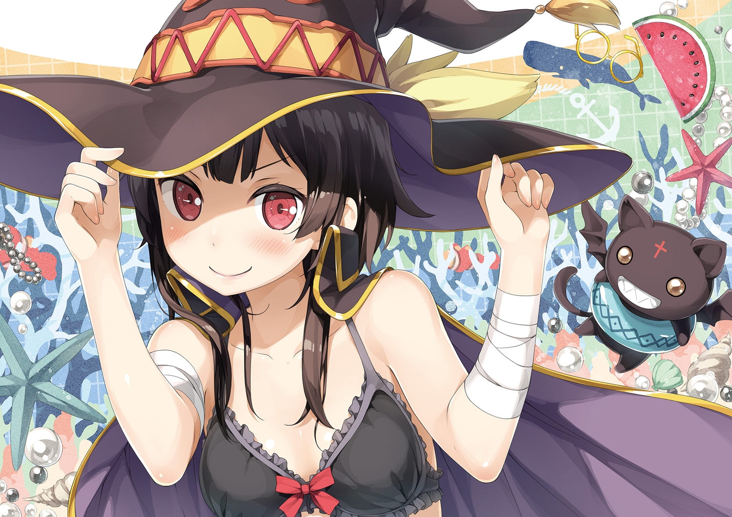 animal, bandage, bikini_top, blush, bow, brown_hair, cat, chomusuke