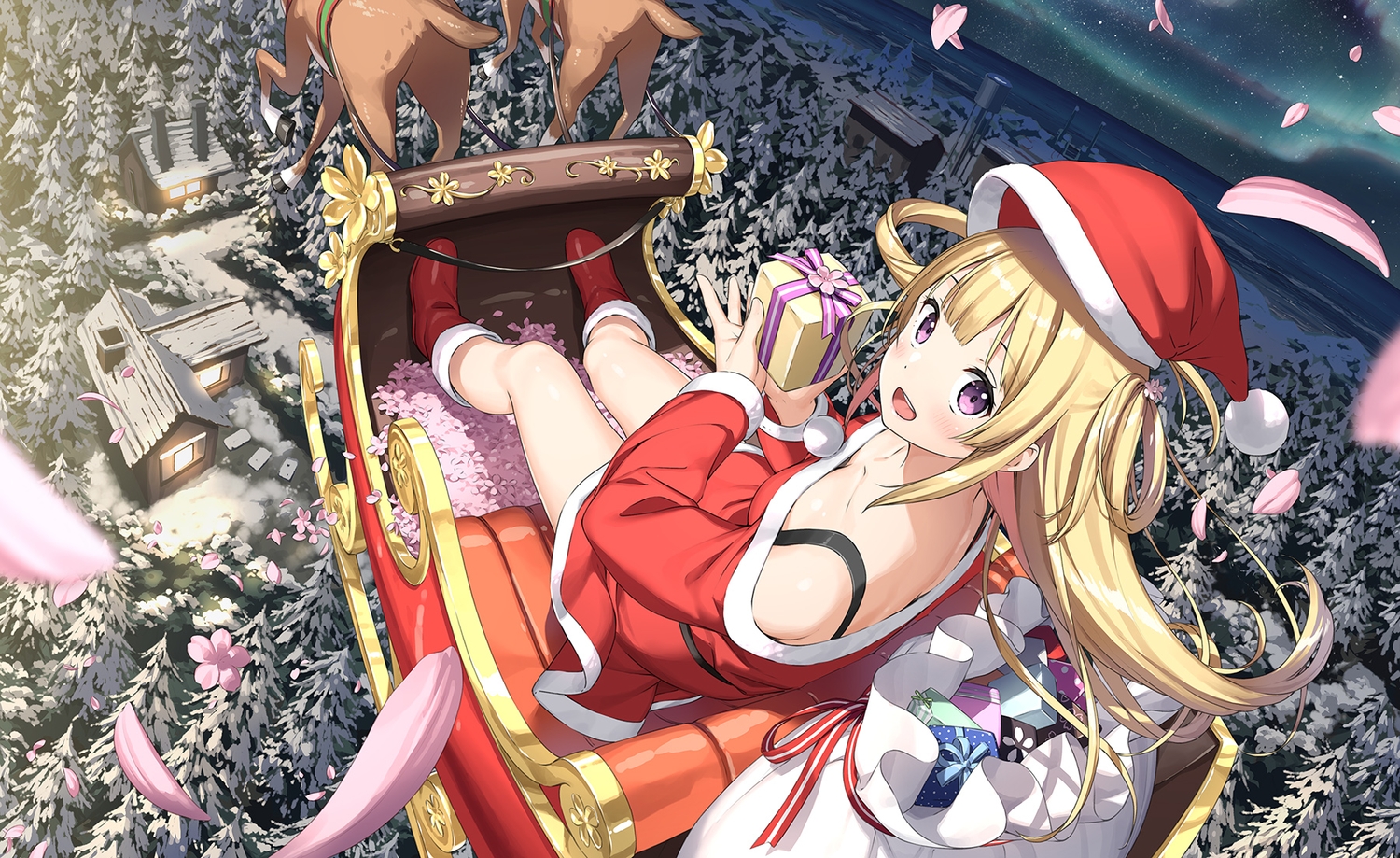 22/7, animal, blonde_hair, boots, cherry_blossoms, christmas, flowers, fujima_sakura, hat, kantoku, long_hair, petals, pink_eyes, santa_costume, santa_hat, tree