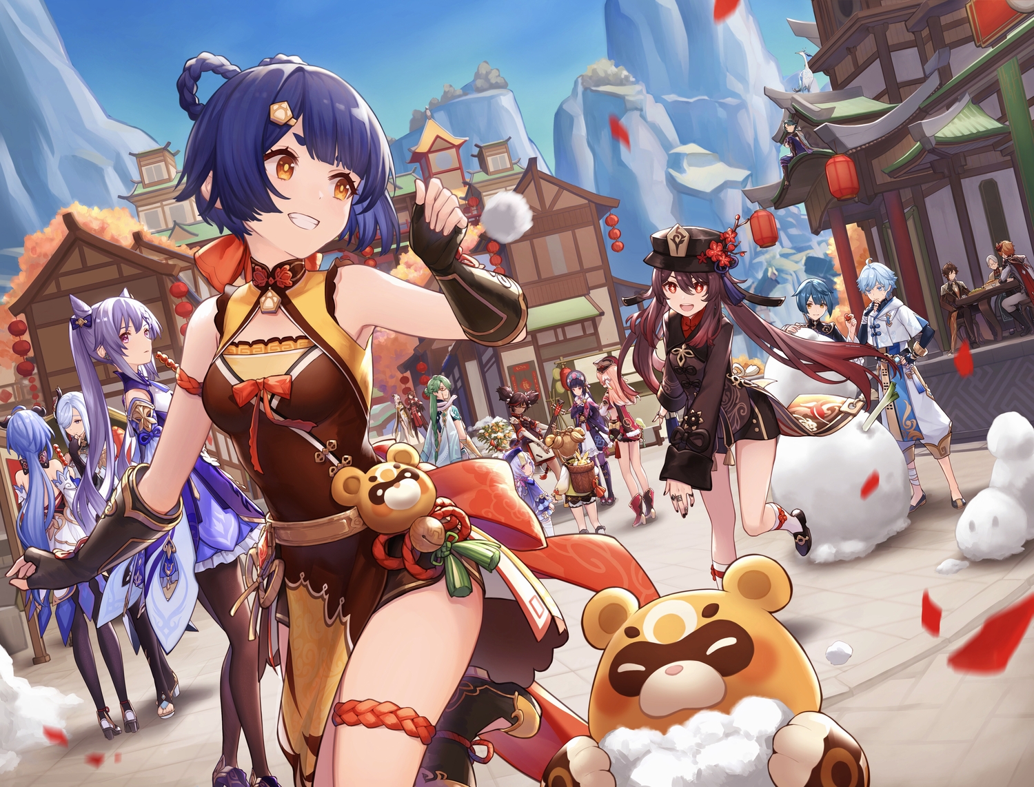 beidou_(genshin_impact), blue_hair, braids, brown_eyes, brown_hair, building, chongyun_(genshin_impact), dress