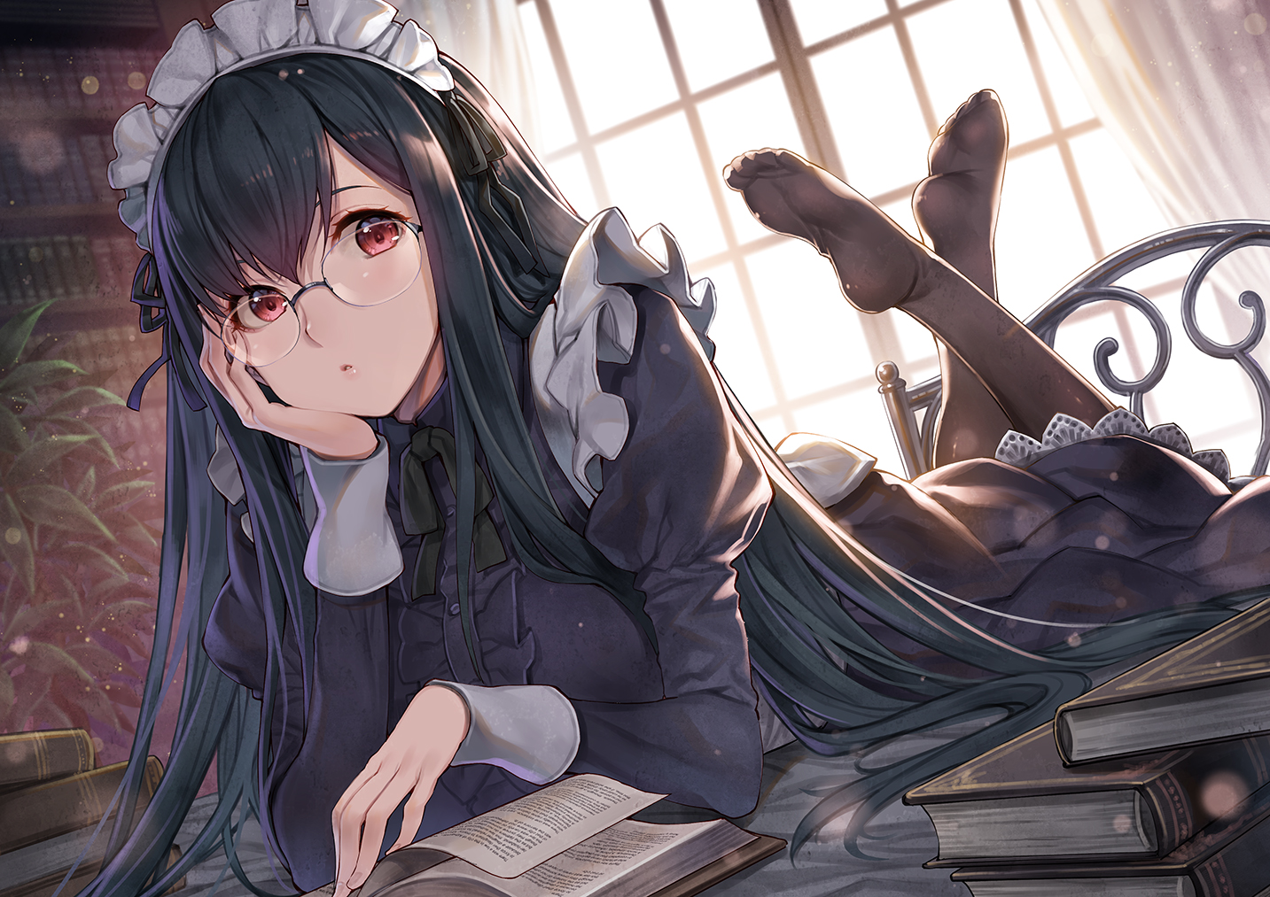 black_hair, book, dress, glasses, hagure_keg, headdress, long_hair, maid, original, pantyhose, red_eyes