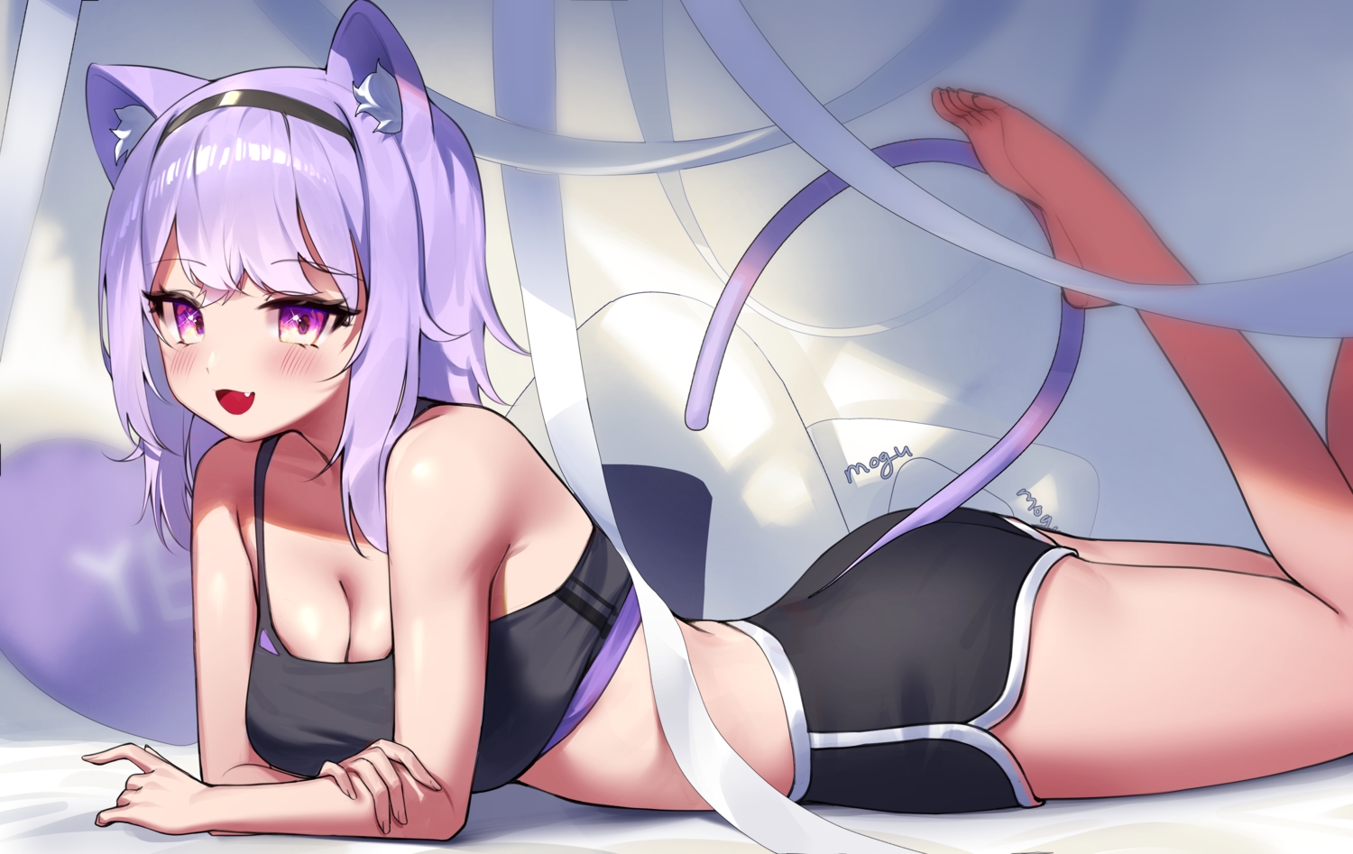 animal_ears, ass, barefoot, blush, breasts, catgirl, cleavage, fang, headband, hololive, nekomata_okayu, purple_eyes, purple_hair, ribbons, sbgu, shorts, tail