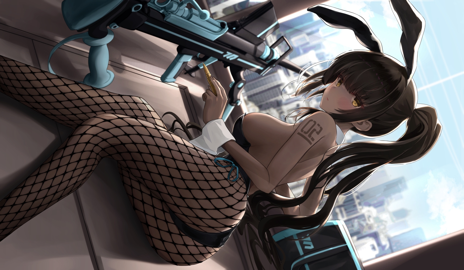 animal_ears, ass, blue_archive, brown_eyes, brown_hair, building, bunny_ears, bunnygirl, city, daran9, dark_skin, gun, headband, kakudate_karin, leotard, long_hair, no_bra, ponytail, tattoo, weapon, wristwear