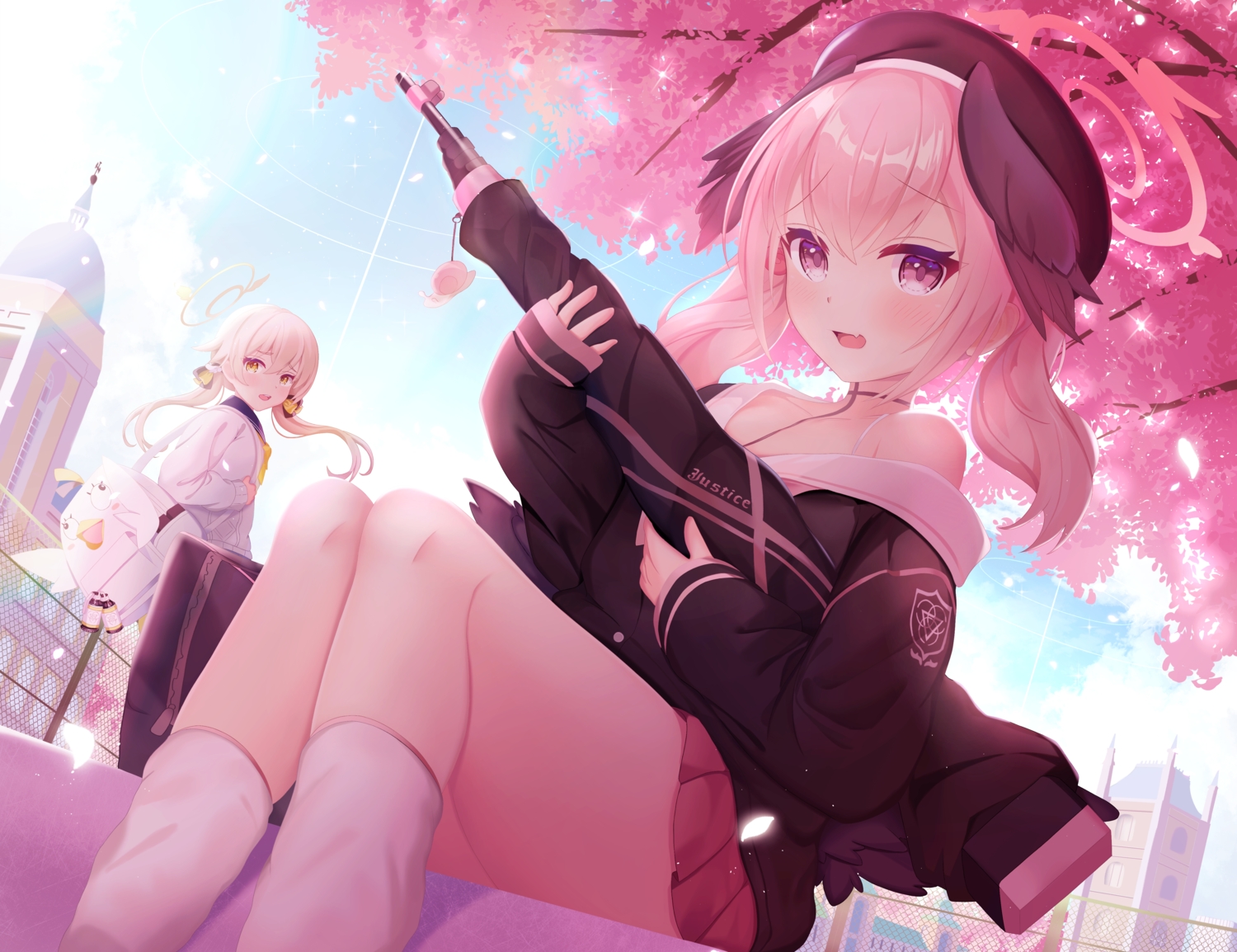 2girls, ajitani_hifumi, arashiomoto, blonde_hair, blue_archive, blush, building, fang, gun, halo, hat, kneehighs, long_hair, pink_eyes, pink_hair, school_uniform, shimoe_koharu, skirt, tree, twintails, weapon, wings, yellow_eyes