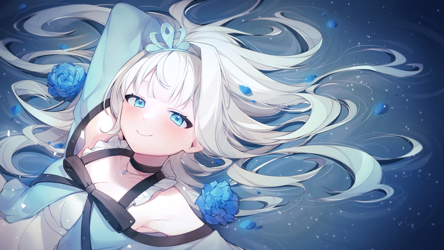 aqua_eyes, blush, bow, breasts, choker, cleavage, flowers, long_hair