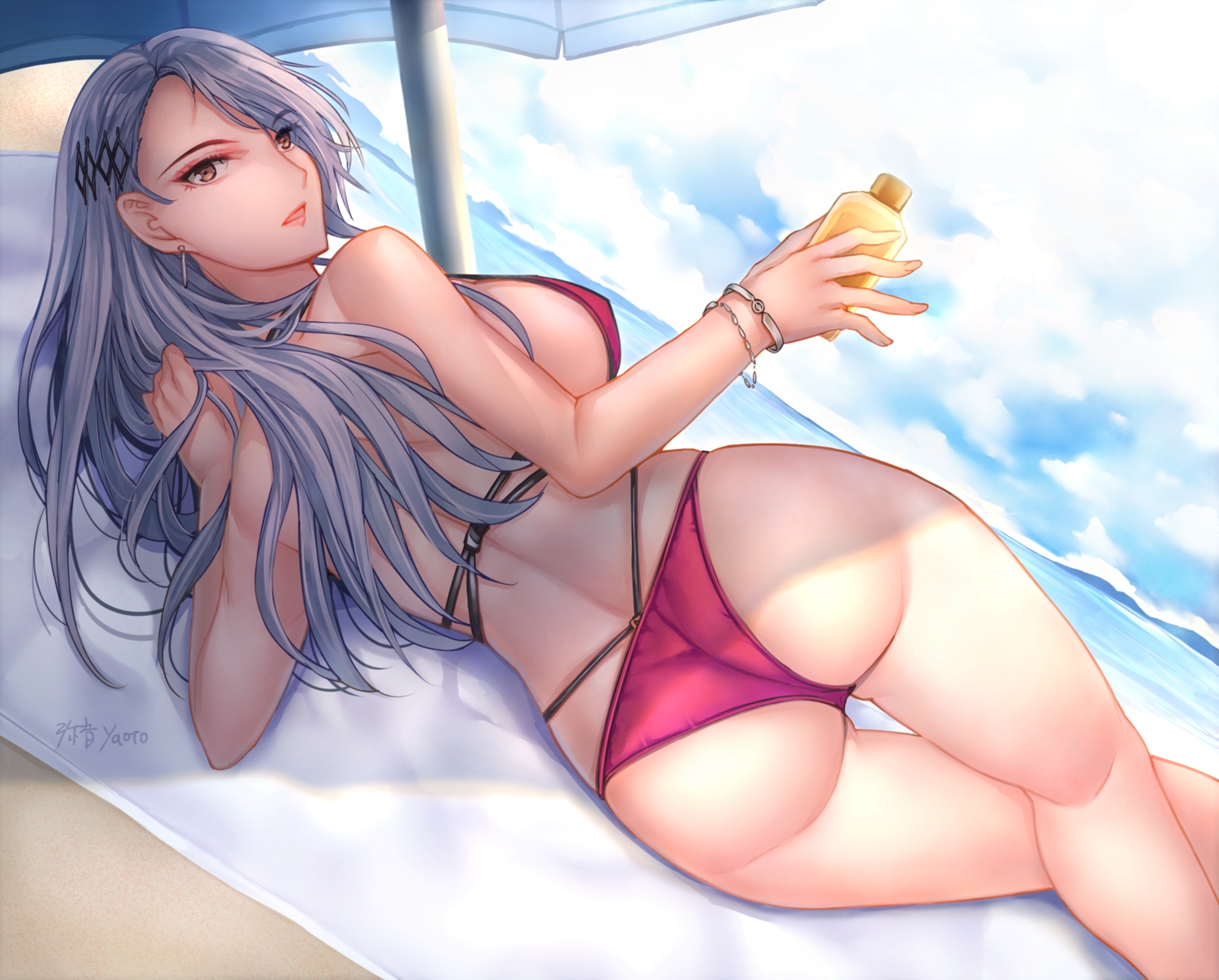 ass, beach, bikini, brown_eyes, gray_hair, niijima_sae, persona, persona_5, shade, signed, swimsuit, wristwear, yaoto