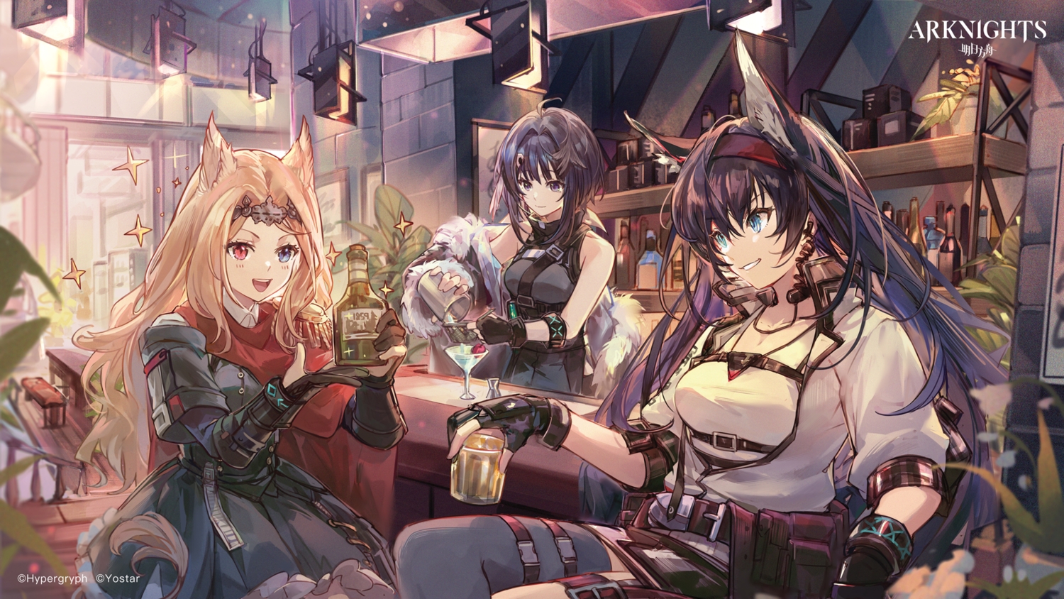 animal_ears, aqua_eyes, archetto_(arknights), arknights, armor, bicolored_eyes, black_hair, blaze_(arknights)