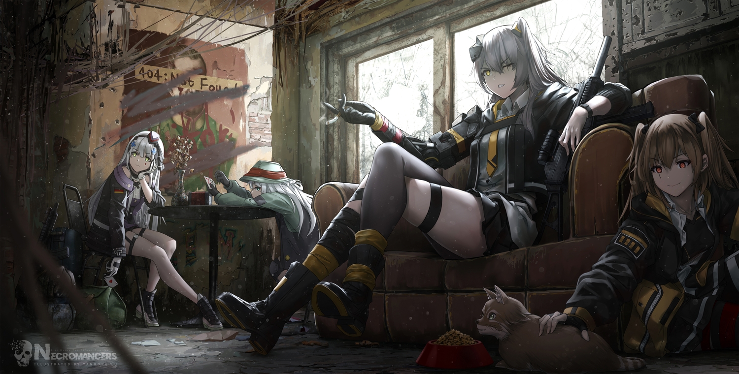 animal, anthropomorphism, boots, cigarette, dog, g11_(girls_frontline), girls_frontline, gloves, group, gun, hat, hk416_(girls_frontline), long_hair, lu_(pixiv20967832), scar, tie, twintails, ump-45_(girls_frontline), ump-9_(girls_frontline), uniform, watermark, weapon, wink