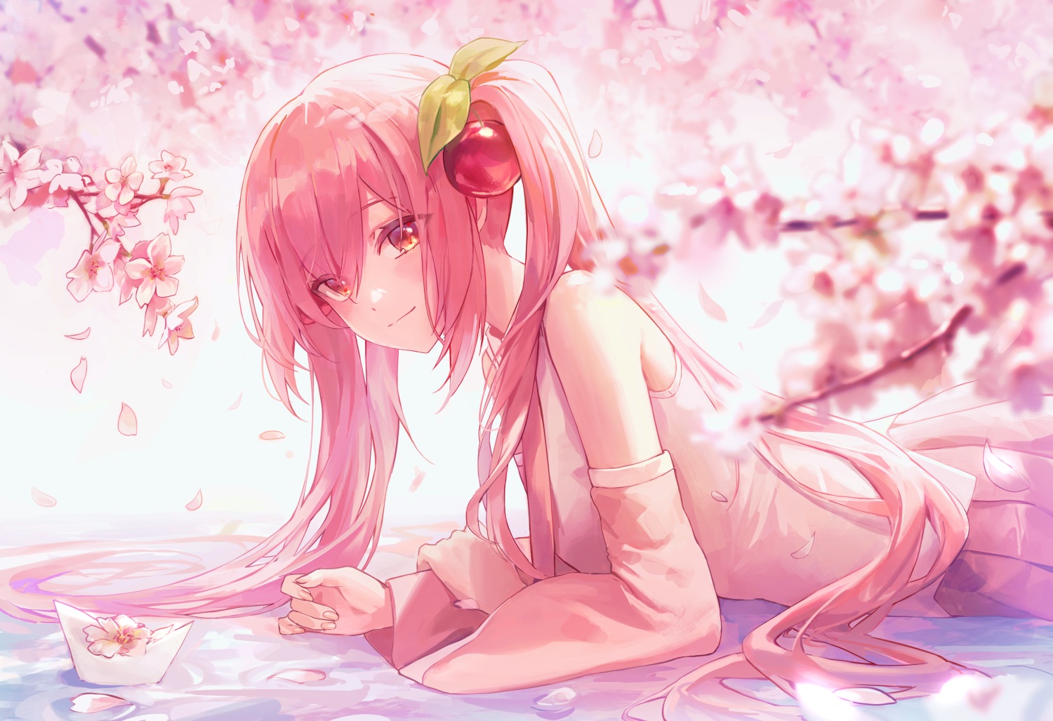 blush, cherry, cherry_blossoms, close, datsha, flowers, food, fruit, hatsune_miku, long_hair, petals, pink_hair, polychromatic, red_eyes, sakura_miku, skirt, tie, twintails, vocaloid