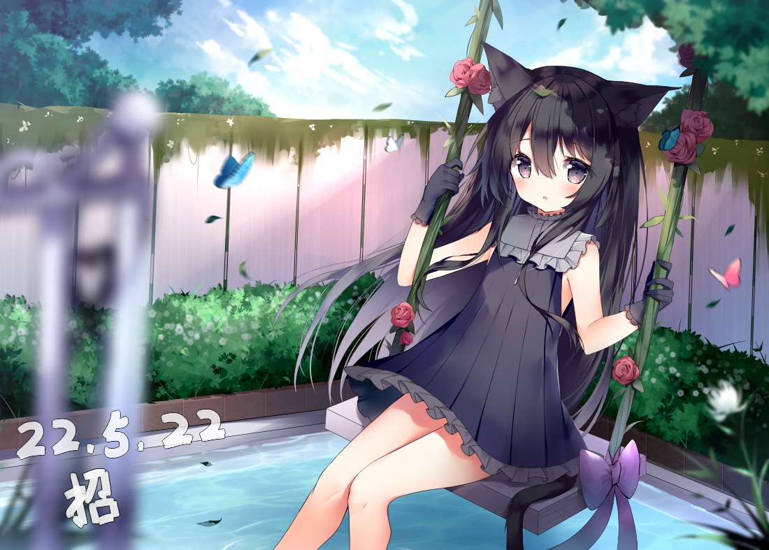 animal_ears, black_eyes, black_hair, blush, bow, butterfly, catgirl, clouds, dress, flowers, gloves, hoshizora_tetsudou_to_shiro_no_tabi, leaves, loli, long_hair, noir_(hoshishiro), pool, rose, signed, sky, summer_dress, tail, tree, water, zhao_(pixiv12947327)