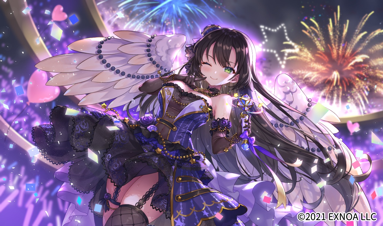 breast_hold, breasts, brown_hair, cleavage, dress, elbow_gloves, fireworks, garter_belt