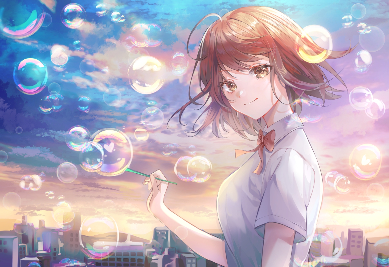 brown_eyes, brown_hair, bubbles, building, city, close, clouds, datsha