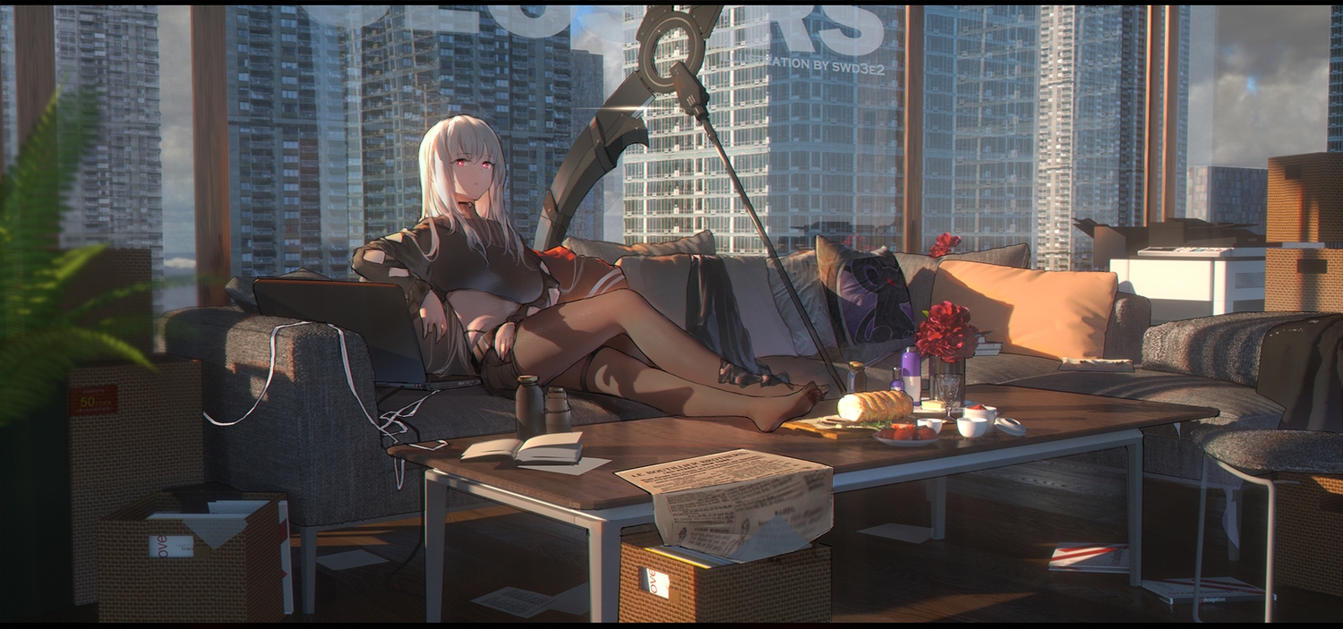 3d, book, building, city, couch, flowers, food, long_hair, original, pantyhose, red_eyes, scythe, swd3e2, watermark, weapon, white_hair