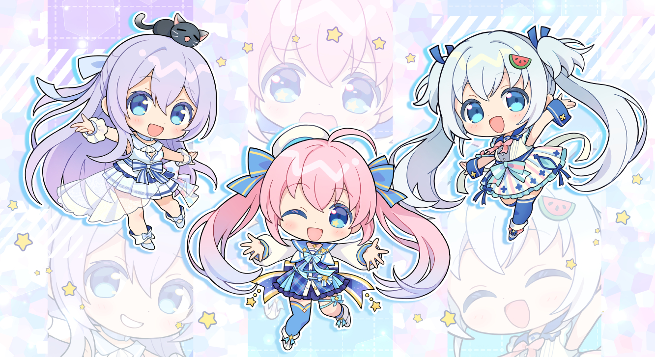 animal, aqua_eyes, blush, bow, cat, chibi, choker, dress, food, fruit, garter, gray_hair, hat, kirano_sion, livercity, long_hair, nekozuki_mio, pink_hair, purple_hair, ribbons, sakuro, school_uniform, stars, suimya_(vtuber), thighhighs, twintails, watermelon, wink, wristwear