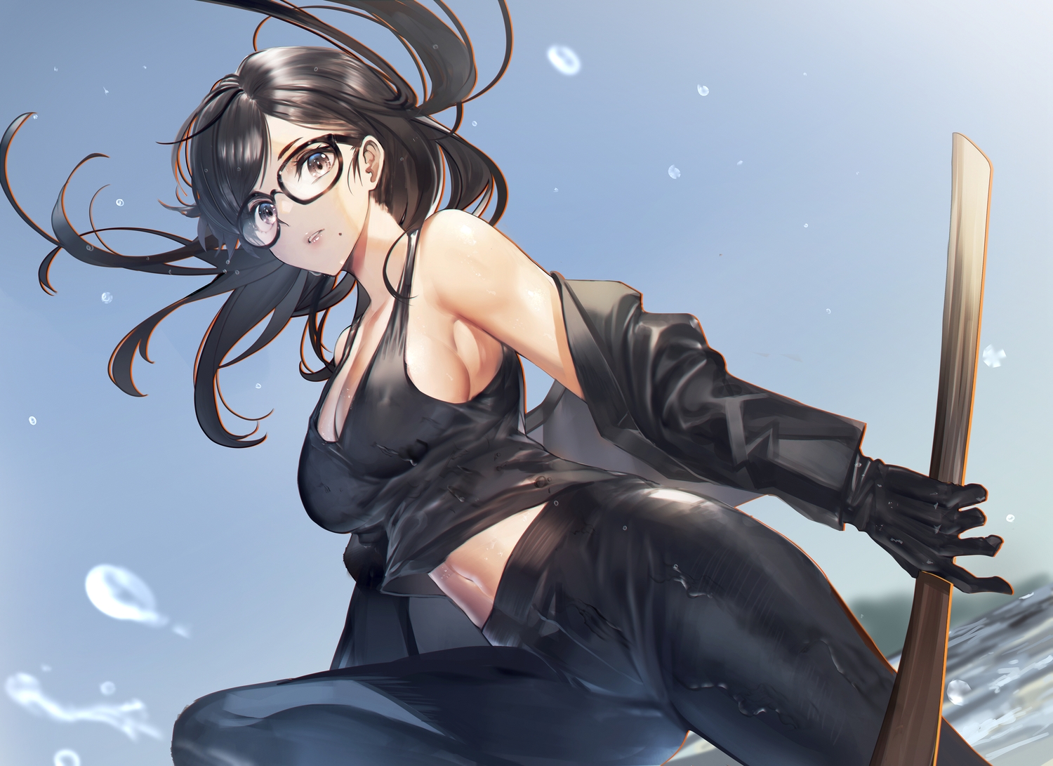 black_hair, breasts, brown_eyes, glasses, gloves, long_hair, minamikata_hizuru, navel, no_bra, sky, summertime_render, teddy_yang, water, weapon