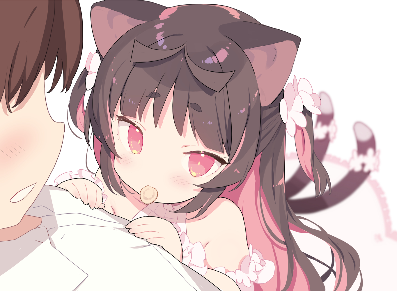 animal_ears, blade_(galaxist), blush, brown_hair, catgirl, close, food, loli